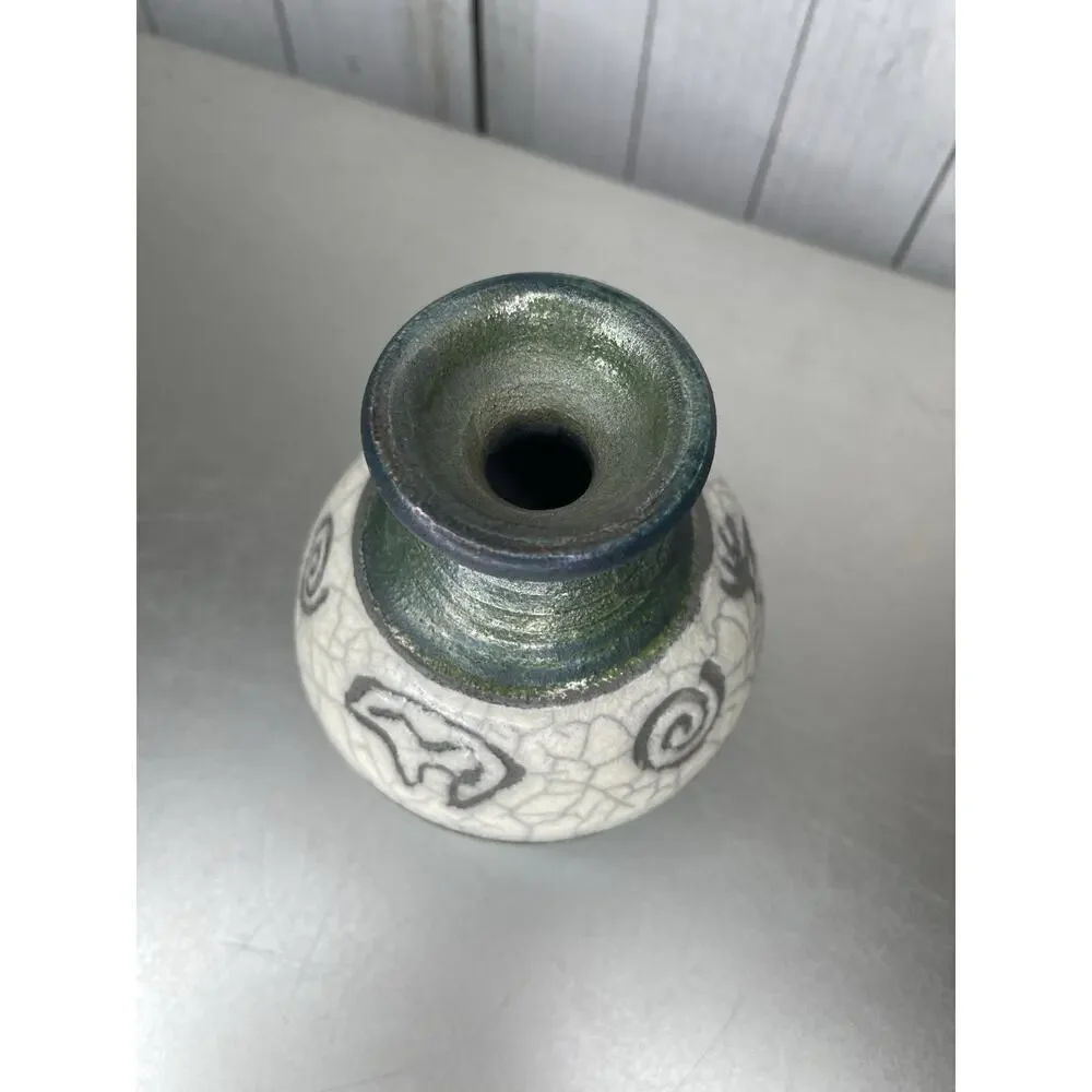 Vintage Raku Signed Pottery Vase Green Iridescent 5in Tall Animals Bears